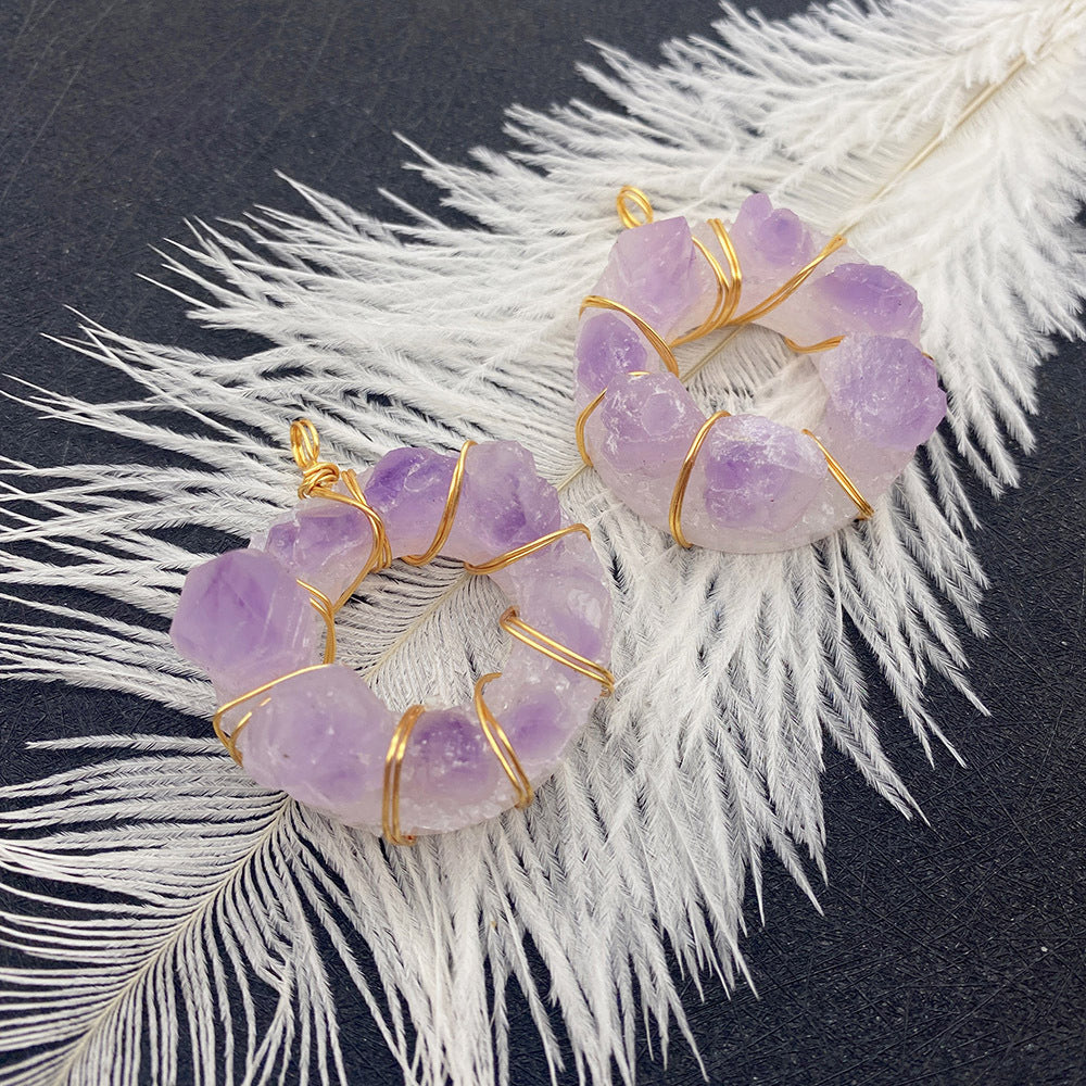Natural Stone Crystal Pendant With Lilac Inlay, Pastoral Style Jewelry Accessory