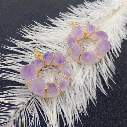 Natural Stone Crystal Pendant With Lilac Inlay, Pastoral Style Jewelry Accessory