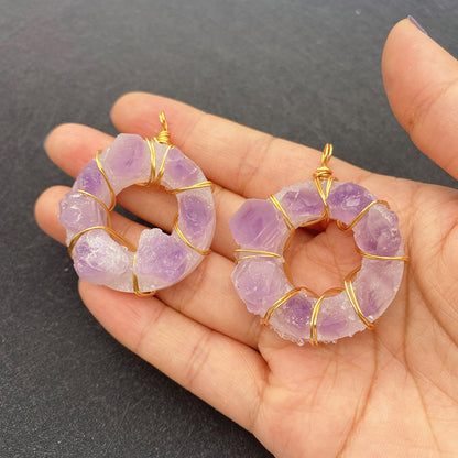 Natural Stone Crystal Pendant With Lilac Inlay, Pastoral Style Jewelry Accessory