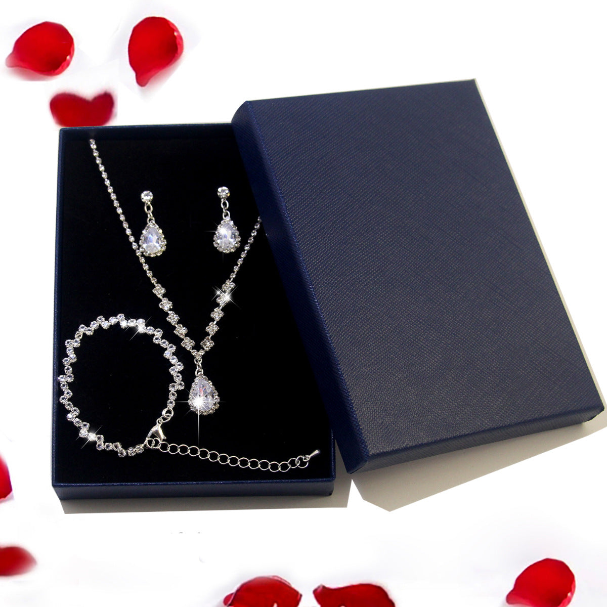 Water Droplets Jewelry Set For Women With Electroplated Copper Alloy And Zircon Inlay, 3 Pieces Set