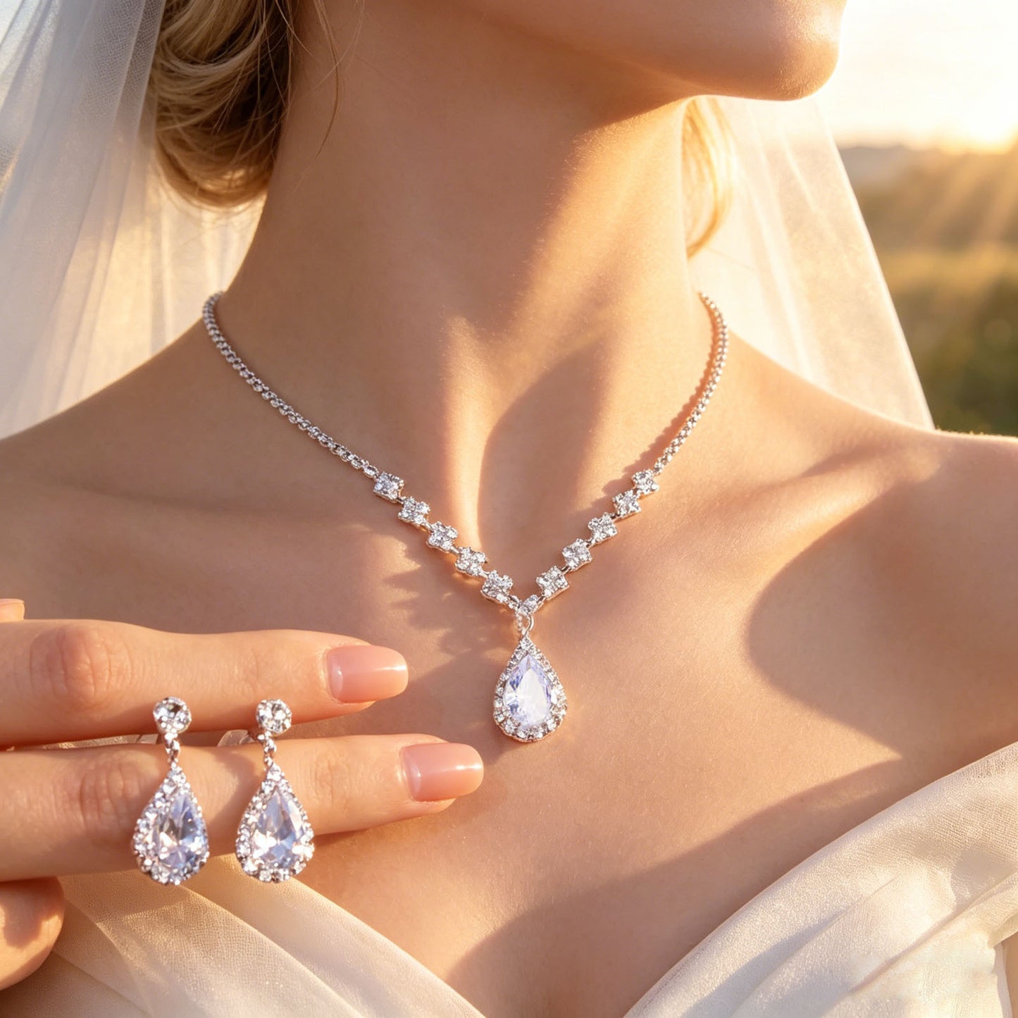 Water Droplets Jewelry Set For Women With Electroplated Copper Alloy And Zircon Inlay, 3 Pieces Set