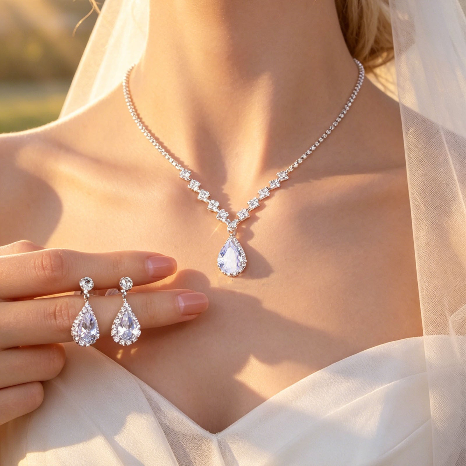 Water Droplets Jewelry Set For Women With Electroplated Copper Alloy And Zircon Inlay, 3 Pieces Set