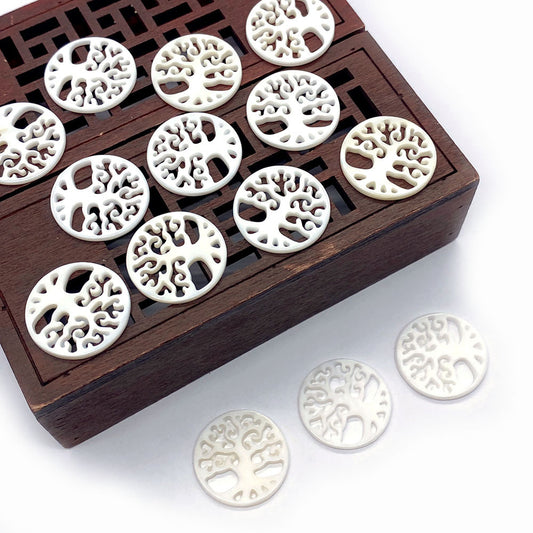Life Tree Pendant 50 PCS Package Featuring Natural White Shell Carving For Jewelry Making