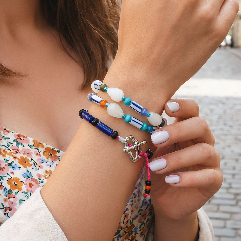 Bohemian Geometric Beaded Glass Bracelet For Women With Rhodium Plated Woven Rope Chain