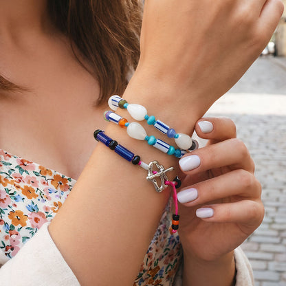 Bohemian Geometric Beaded Glass Bracelet For Women With Rhodium Plated Woven Rope Chain