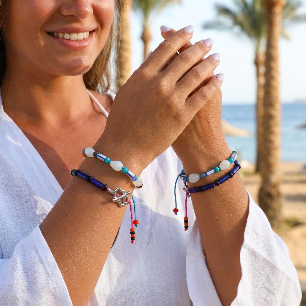 Bohemian Geometric Beaded Glass Bracelet For Women With Rhodium Plated Woven Rope Chain