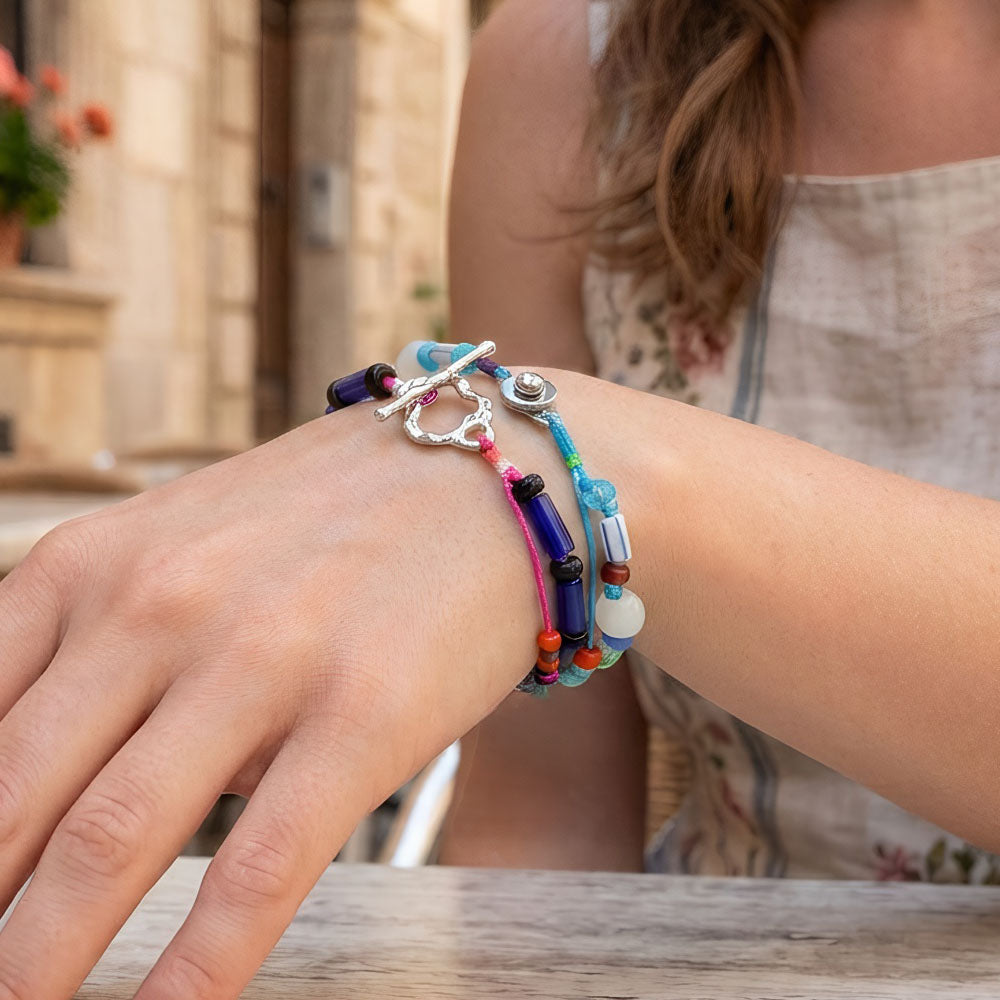 Bohemian Geometric Beaded Glass Bracelet For Women With Rhodium Plated Woven Rope Chain