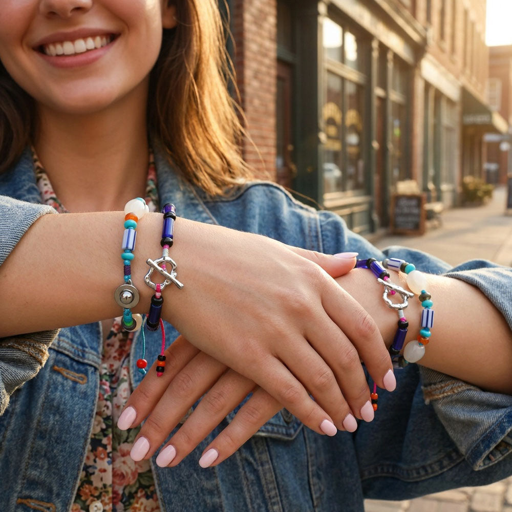 Bohemian Geometric Beaded Glass Bracelet For Women With Rhodium Plated Woven Rope Chain