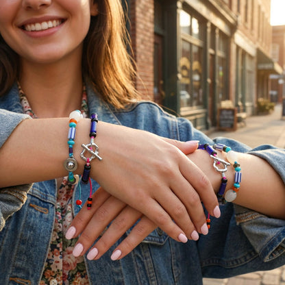 Bohemian Geometric Beaded Glass Bracelet For Women With Rhodium Plated Woven Rope Chain