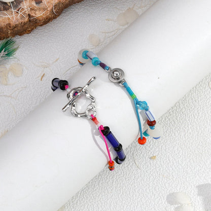 Bohemian Geometric Beaded Glass Bracelet For Women With Rhodium Plated Woven Rope Chain