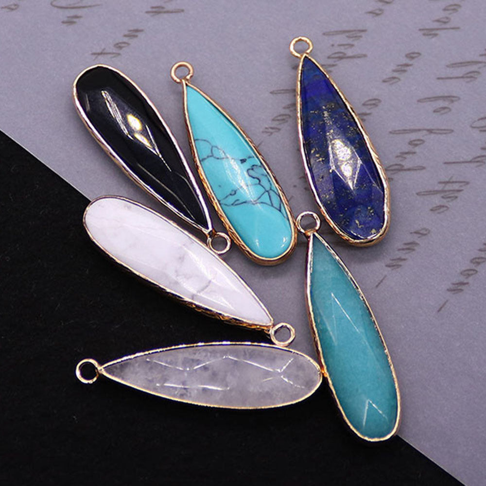 Water Droplets Pendant Made Of Natural Stone Featuring Electroplated Gold And Copper Plated Finish In Cyan