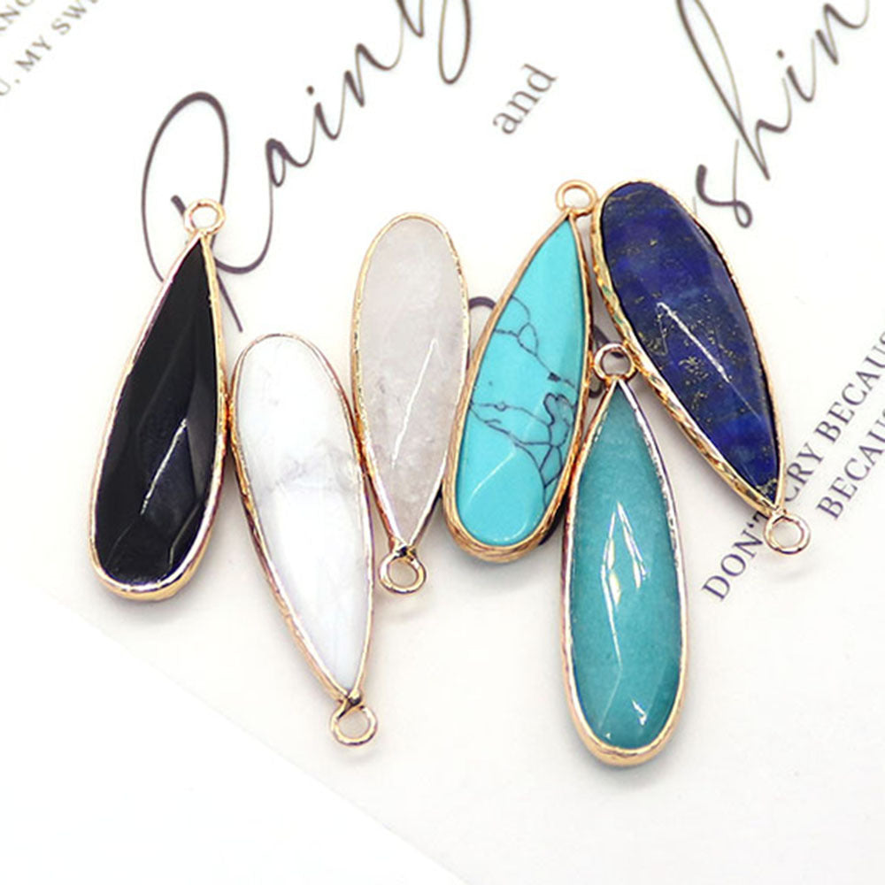 Water Droplets Pendant Made Of Natural Stone Featuring Electroplated Gold And Copper Plated Finish In Cyan