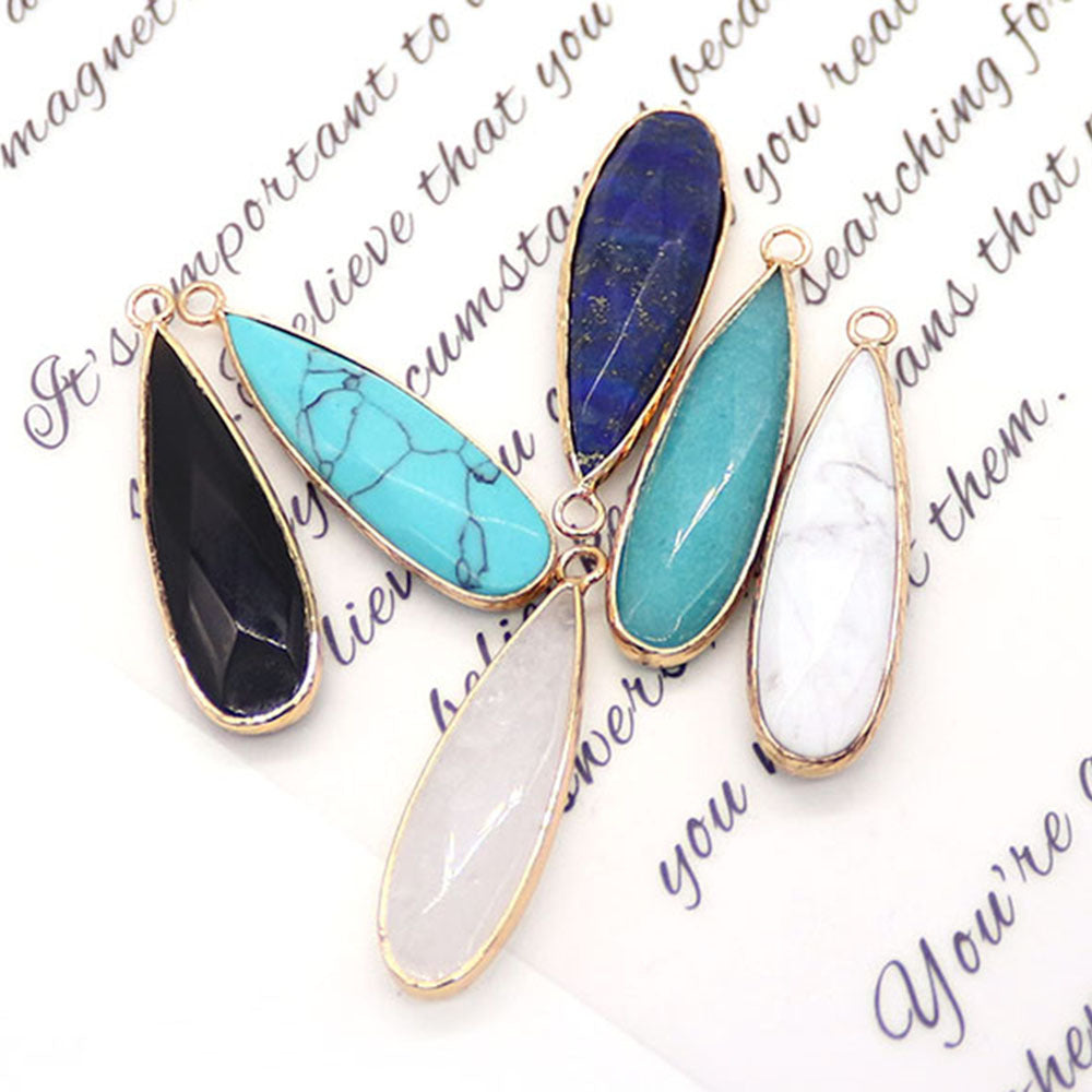 Water Droplets Pendant Made Of Natural Stone Featuring Electroplated Gold And Copper Plated Finish In Cyan