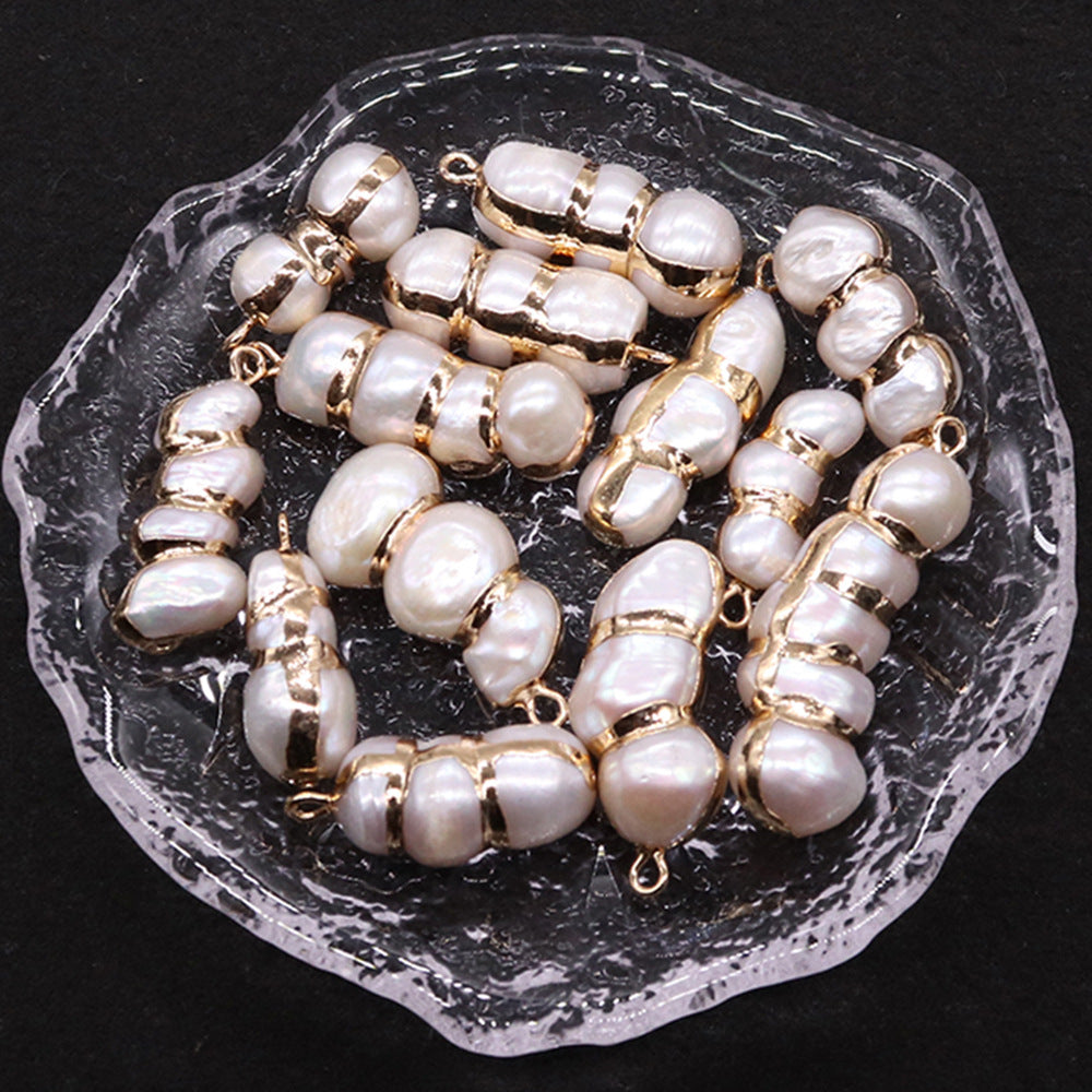 Peanut Pendant Featuring Polished Freshwater Pearl Inlay In Natural Baroque Style