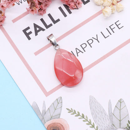 Water Droplets Pendant In Natural Stone With Stone Texture Finish And Watermelon Stone Inlay, Polished, Green