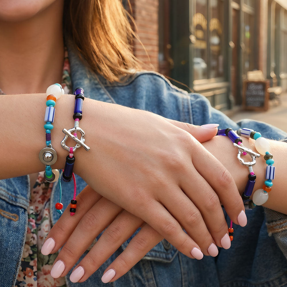 Bohemian Geometric Beaded Glass Bracelet For Women With Rhodium Plated Woven Rope Chain