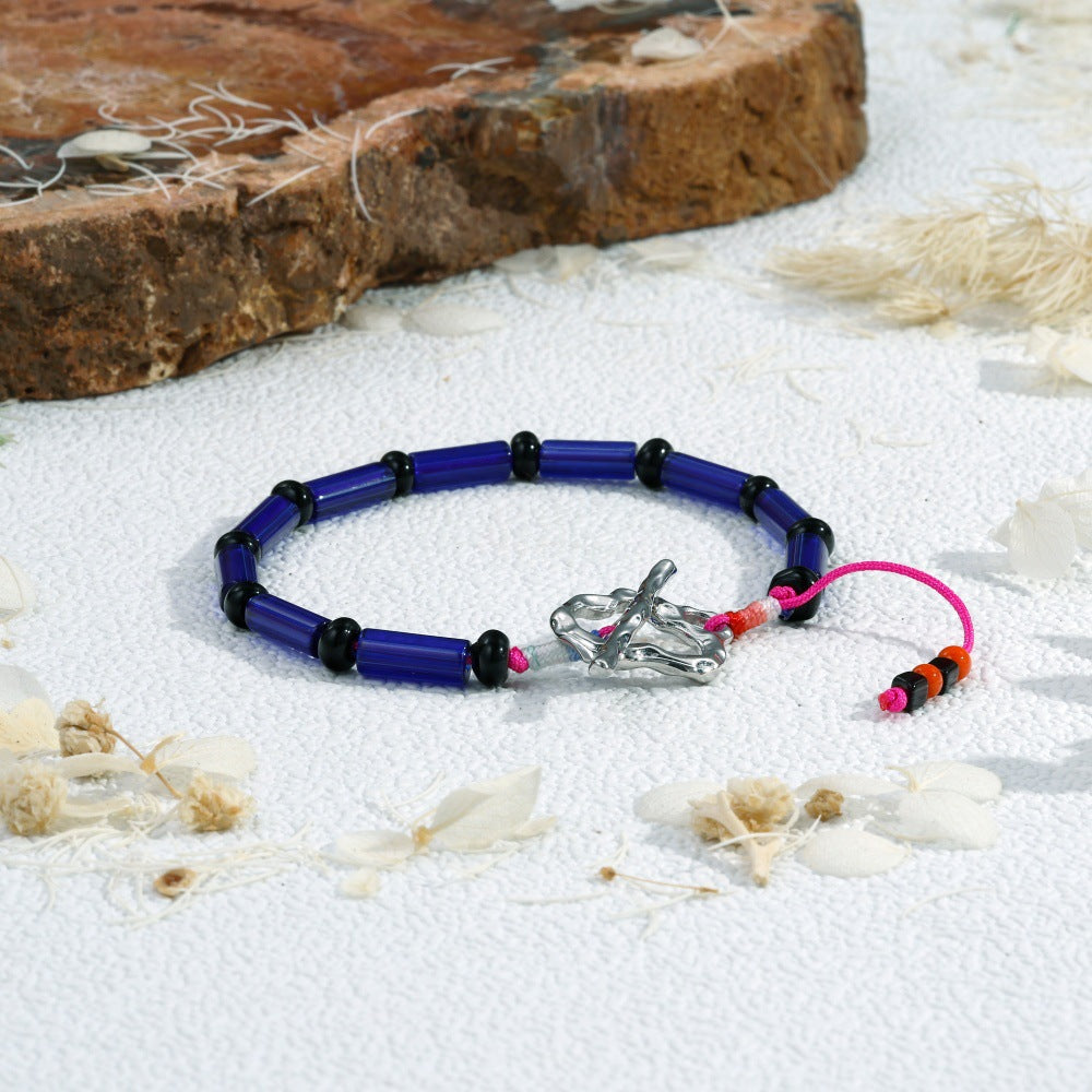 Bohemian Geometric Beaded Glass Bracelet For Women With Rhodium Plated Woven Rope Chain