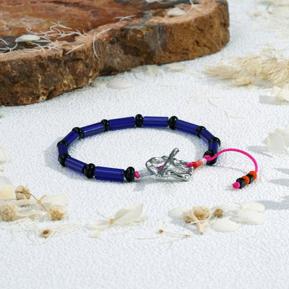 Bohemian Geometric Beaded Glass Bracelet For Women With Rhodium Plated Woven Rope Chain