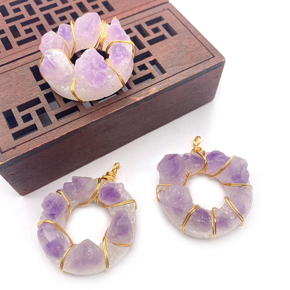 Natural Stone Crystal Pendant With Lilac Inlay, Pastoral Style Jewelry Accessory