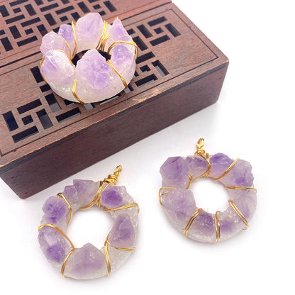 Natural Stone Crystal Pendant With Lilac Inlay, Pastoral Style Jewelry Accessory