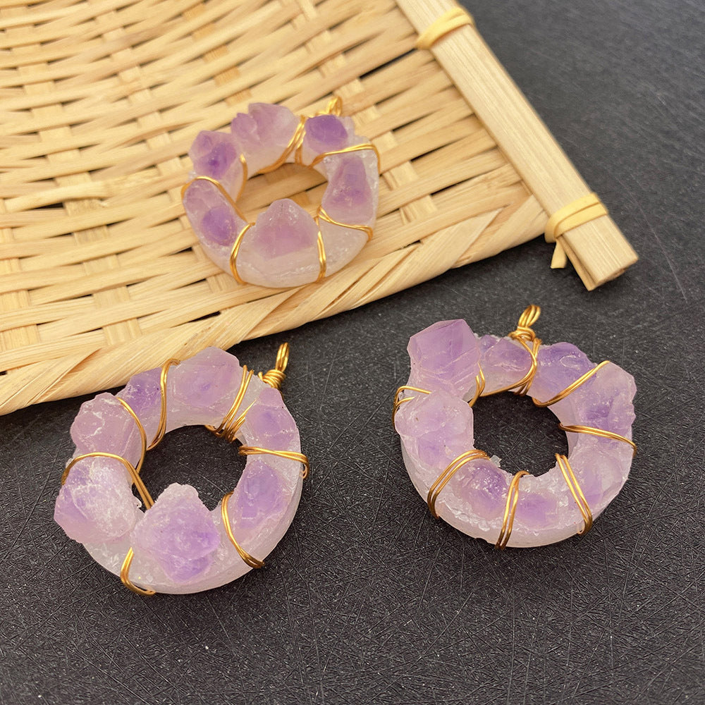 Natural Stone Crystal Pendant With Lilac Inlay, Pastoral Style Jewelry Accessory
