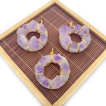 Natural Stone Crystal Pendant With Lilac Inlay, Pastoral Style Jewelry Accessory