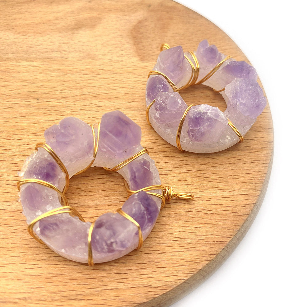 Natural Stone Crystal Pendant With Lilac Inlay, Pastoral Style Jewelry Accessory