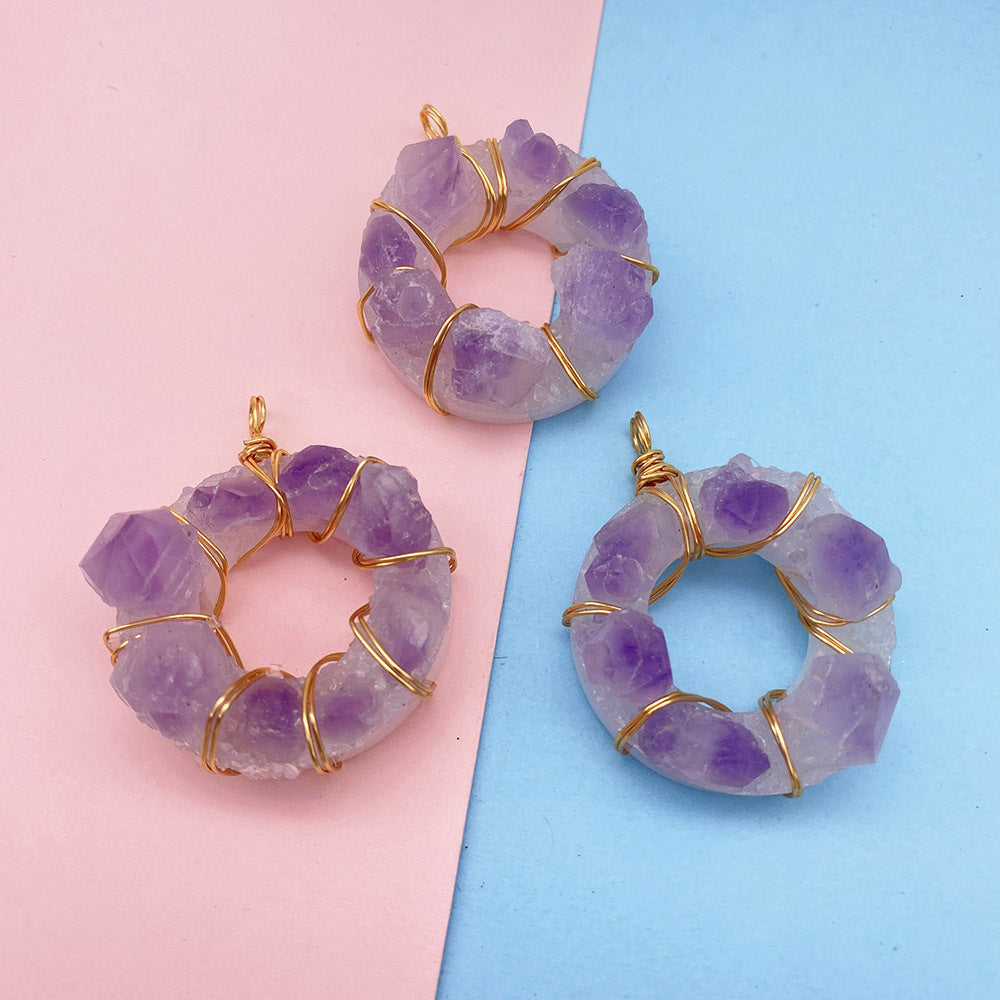 Natural Stone Crystal Pendant With Lilac Inlay, Pastoral Style Jewelry Accessory