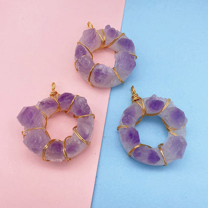 Natural Stone Crystal Pendant With Lilac Inlay, Pastoral Style Jewelry Accessory