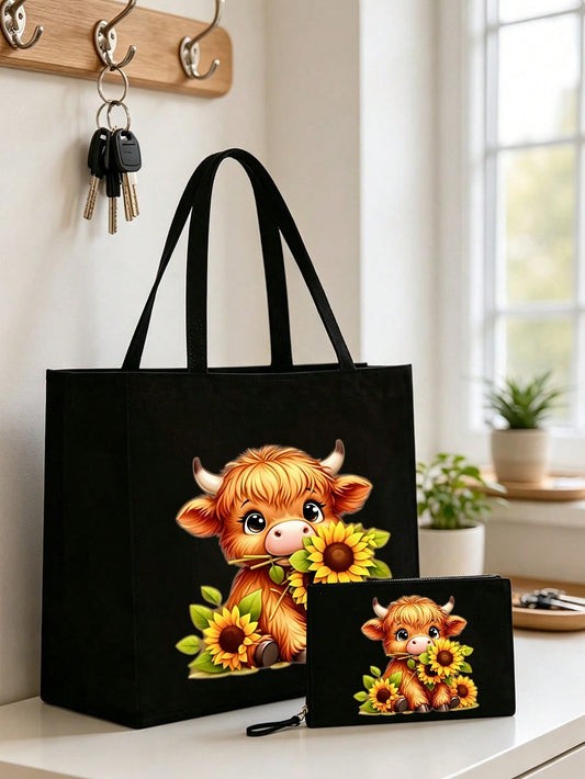 Unisex Square Polyester Shoulder Bag Featuring Animal Pattern And Double Handles, Ideal For All Seasons
