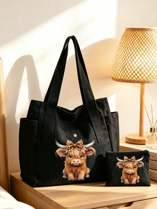 Unisex Animal Pattern Square Shoulder Bag In Polyester With Double Handle For All Seasons
