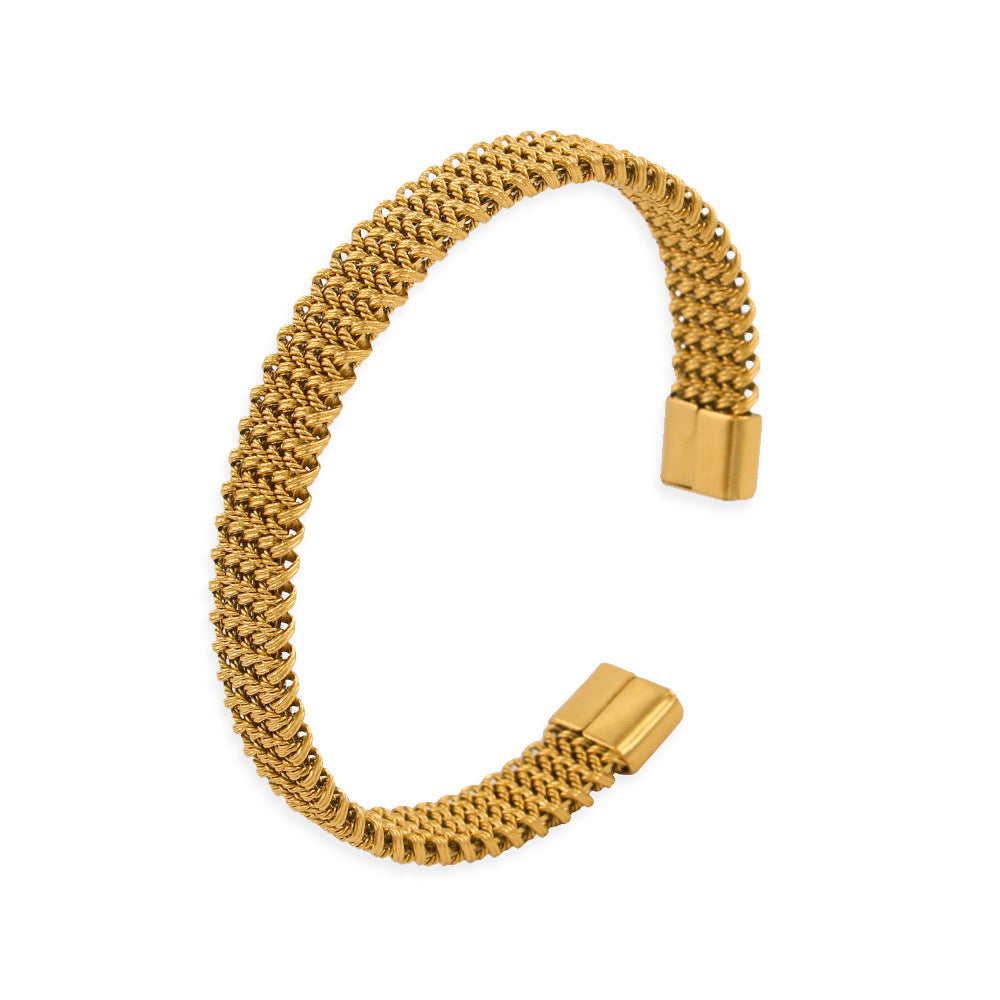 Simple Style Grid Braid Bangle For Women In 304 Stainless Steel With 18K Real Gold Electroplated Finish