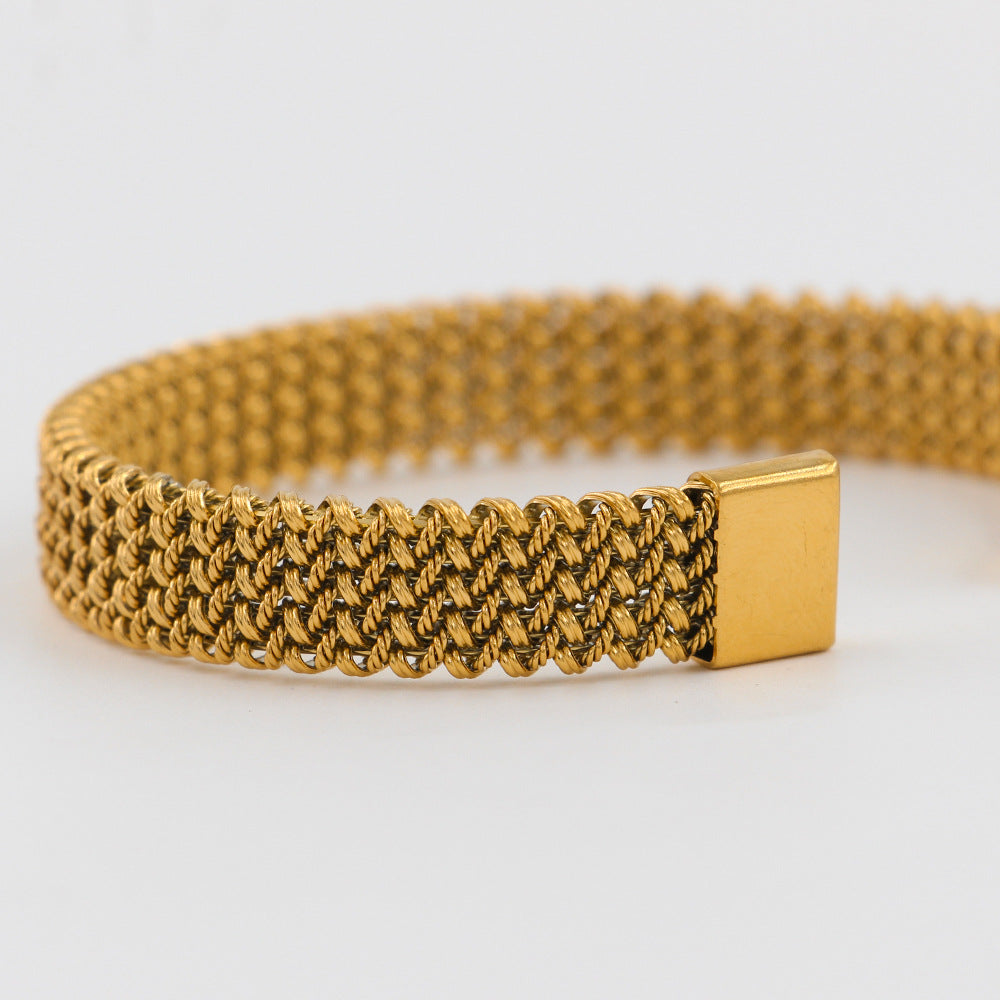 Simple Style Grid Braid Bangle For Women In 304 Stainless Steel With 18K Real Gold Electroplated Finish