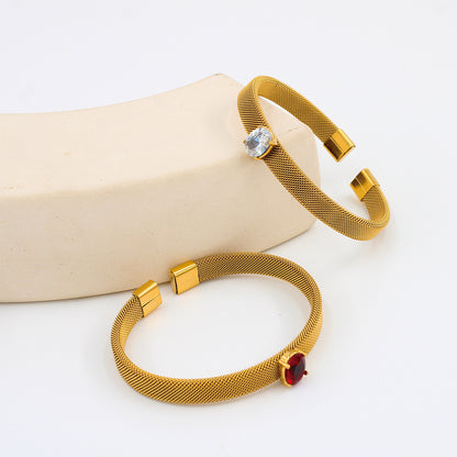 Oval Bangle With Braid Craft In 304 Stainless Steel Featuring Electroplated Gold Plating And Zircon Inlay, Available In Royal Blue