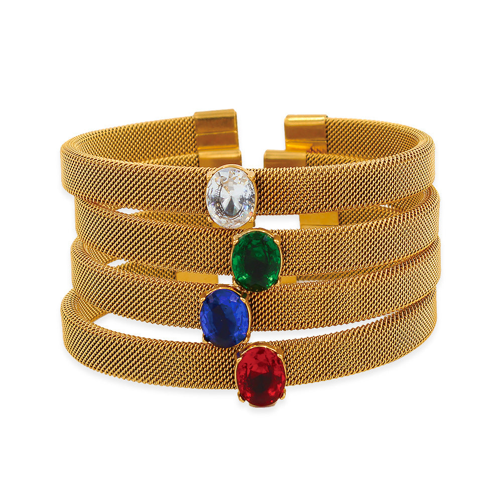 Oval Bangle With Braid Craft In 304 Stainless Steel Featuring Electroplated Gold Plating And Zircon Inlay, Available In Royal Blue