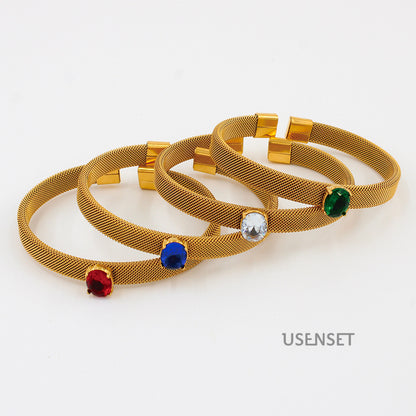 Oval Bangle With Braid Craft In 304 Stainless Steel Featuring Electroplated Gold Plating And Zircon Inlay, Available In Royal Blue
