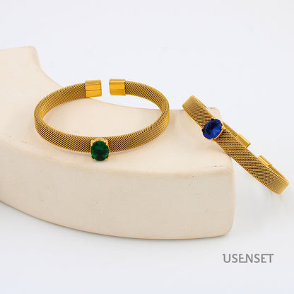Oval Bangle With Braid Craft In 304 Stainless Steel Featuring Electroplated Gold Plating And Zircon Inlay, Available In Royal Blue