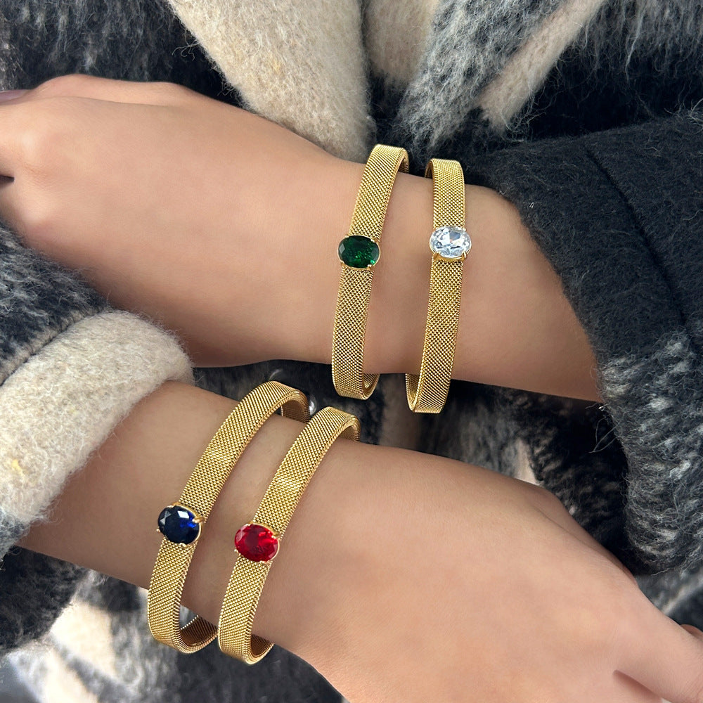 Oval Bangle With Braid Craft In 304 Stainless Steel Featuring Electroplated Gold Plating And Zircon Inlay, Available In Royal Blue