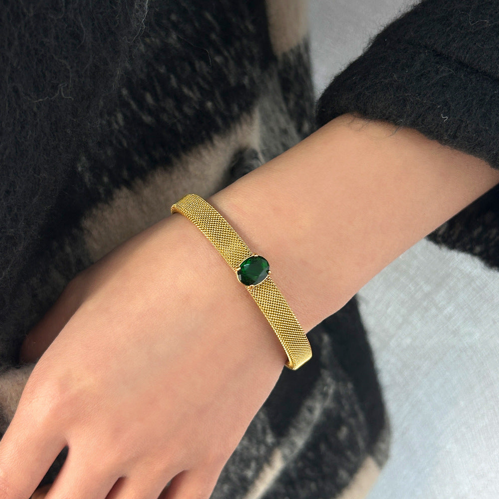 Oval Bangle With Braid Craft In 304 Stainless Steel Featuring Electroplated Gold Plating And Zircon Inlay, Available In Royal Blue