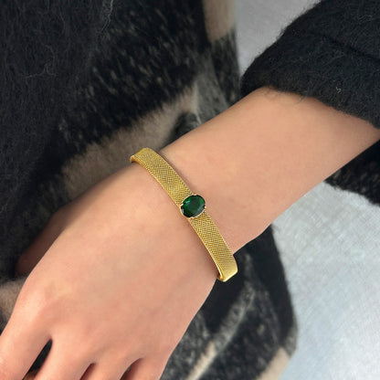 Oval Bangle With Braid Craft In 304 Stainless Steel Featuring Electroplated Gold Plating And Zircon Inlay, Available In Royal Blue