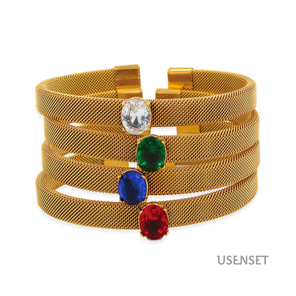 Oval Bangle With Braid Craft In 304 Stainless Steel Featuring Electroplated Gold Plating And Zircon Inlay, Available In Royal Blue