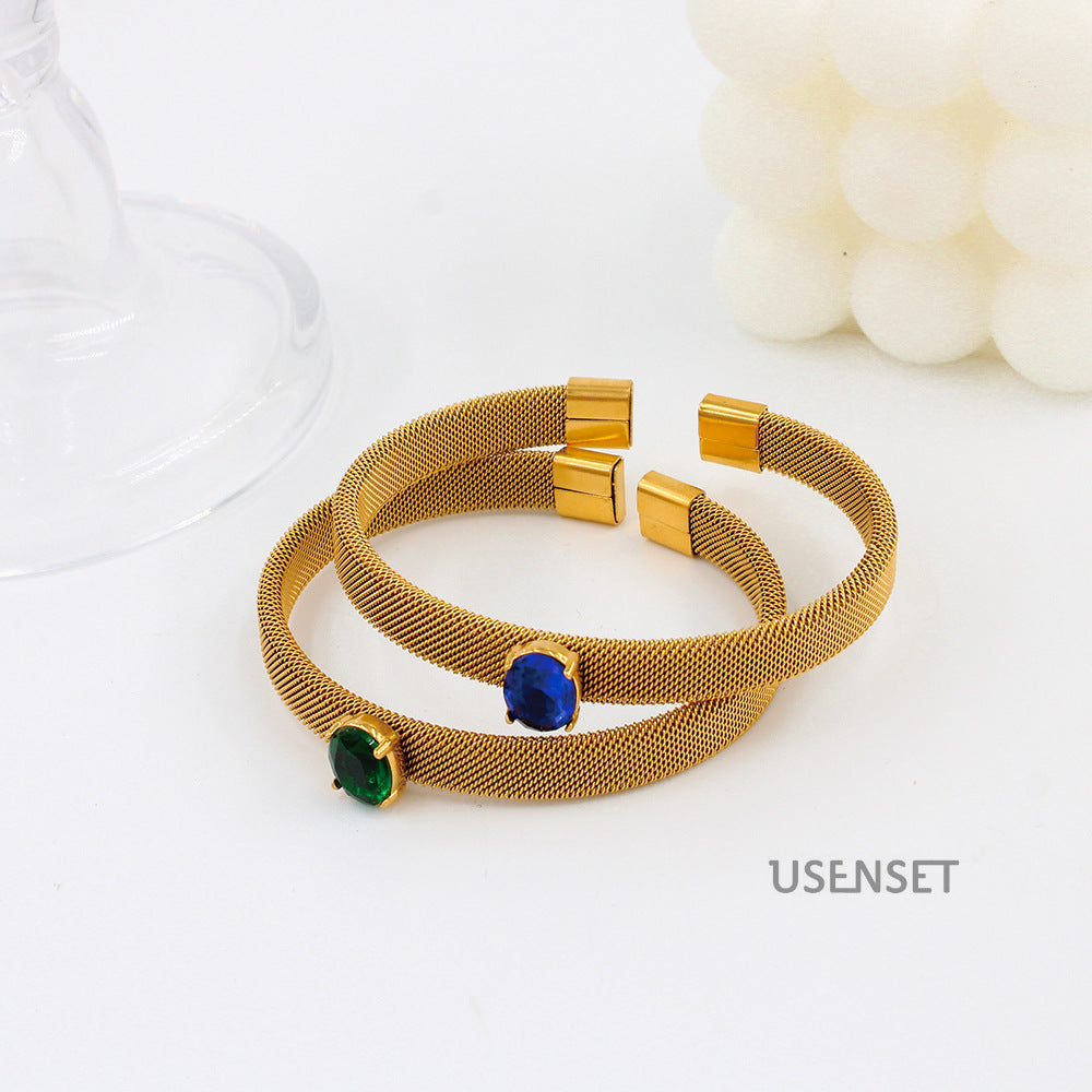 Oval Bangle With Braid Craft In 304 Stainless Steel Featuring Electroplated Gold Plating And Zircon Inlay, Available In Royal Blue