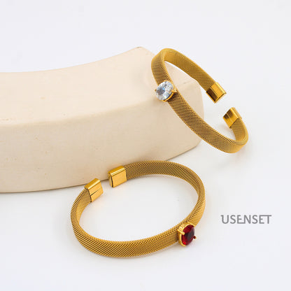 Oval Bangle With Braid Craft In 304 Stainless Steel Featuring Electroplated Gold Plating And Zircon Inlay, Available In Royal Blue