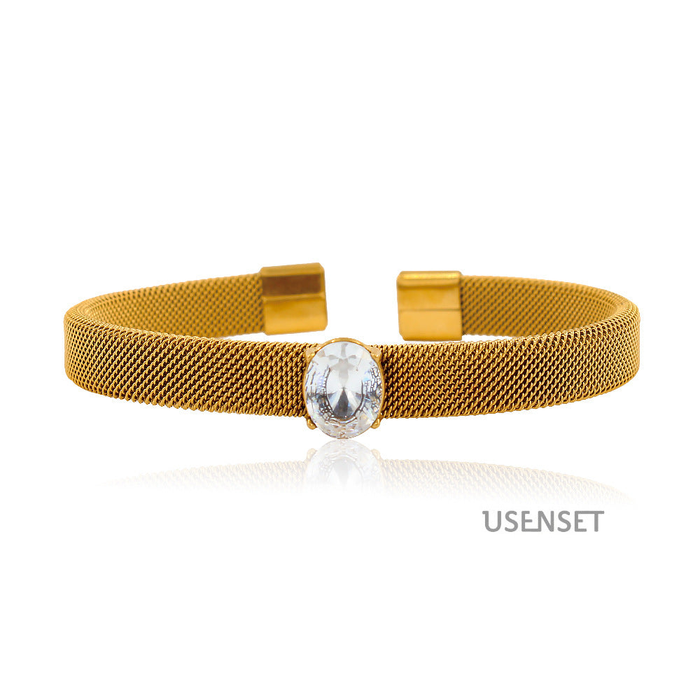 Oval Bangle With Braid Craft In 304 Stainless Steel Featuring Electroplated Gold Plating And Zircon Inlay, Available In Royal Blue