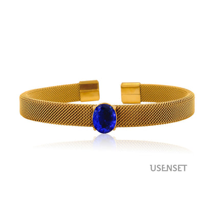 Oval Bangle With Braid Craft In 304 Stainless Steel Featuring Electroplated Gold Plating And Zircon Inlay, Available In Royal Blue