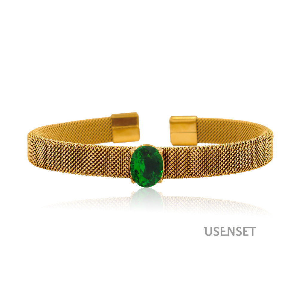 Oval Bangle With Braid Craft In 304 Stainless Steel Featuring Electroplated Gold Plating And Zircon Inlay, Available In Royal Blue