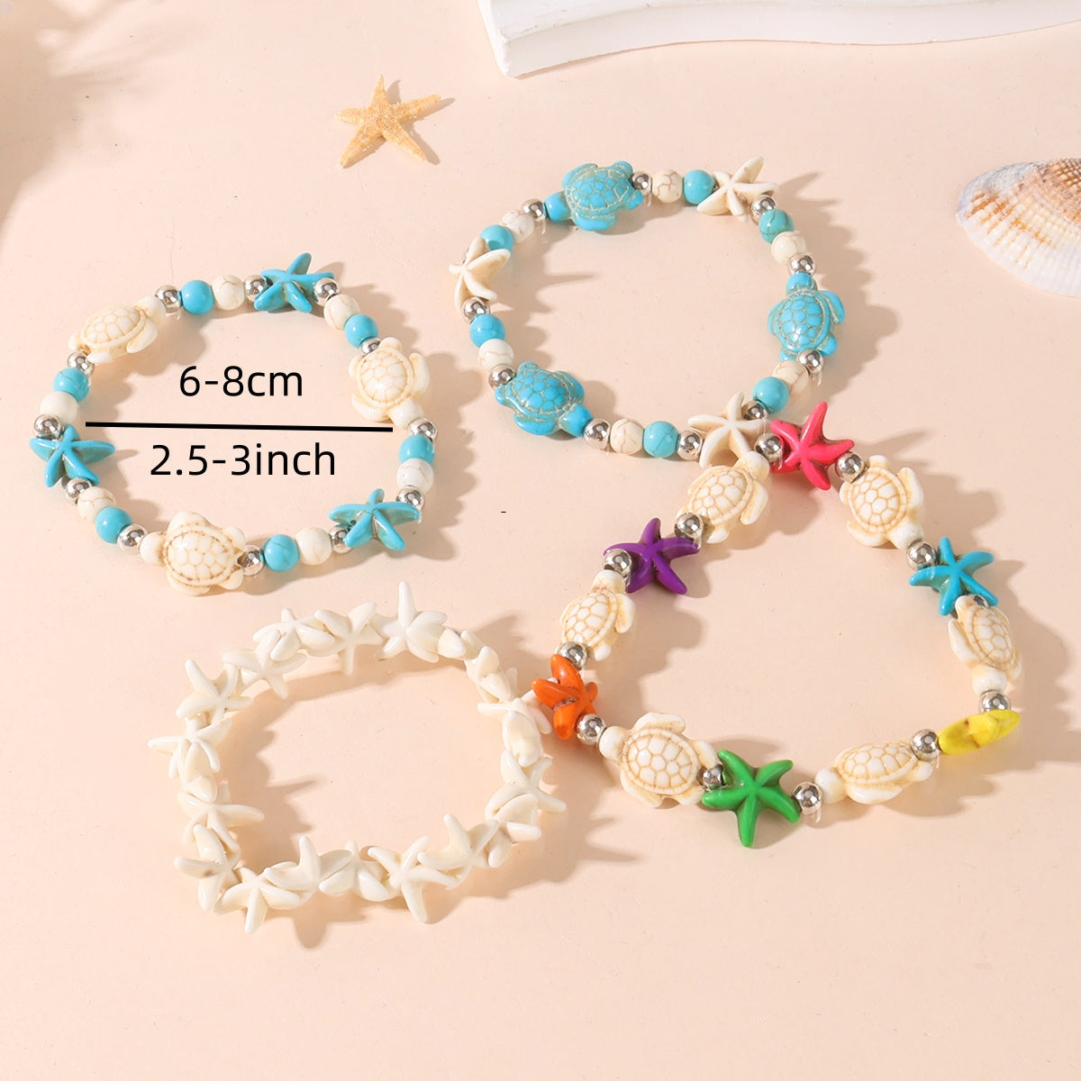 Unisex Marine Style Bracelet Featuring Tortoise Pattern And Turquoise Beads On Elastic String With Beaded Chain Craftsmanship