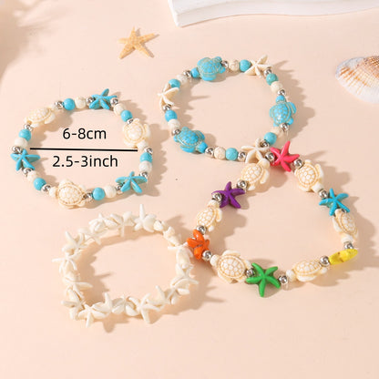 Unisex Marine Style Bracelet Featuring Tortoise Pattern And Turquoise Beads On Elastic String With Beaded Chain Craftsmanship