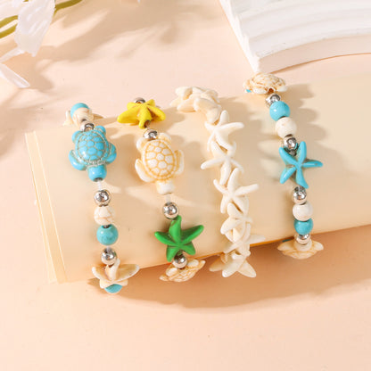Unisex Marine Style Bracelet Featuring Tortoise Pattern And Turquoise Beads On Elastic String With Beaded Chain Craftsmanship