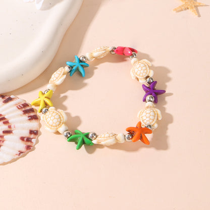 Unisex Marine Style Bracelet Featuring Tortoise Pattern And Turquoise Beads On Elastic String With Beaded Chain Craftsmanship